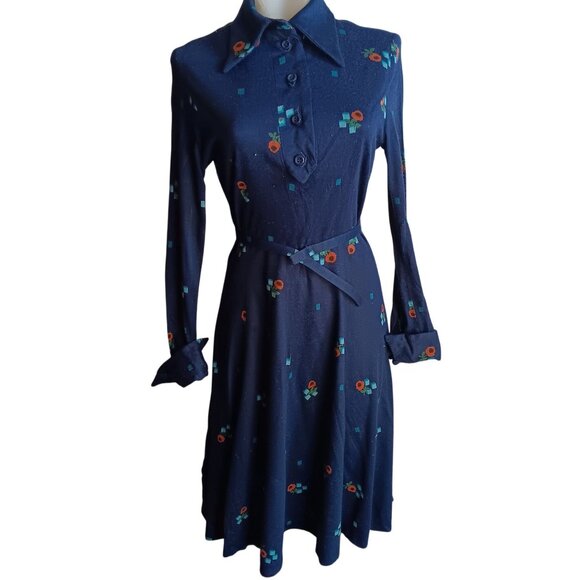 sz 8 Vintage David Crystal LaCoste Dress 1970's Disco Mod Knit Belted True Boho - Picture 2 of 12
